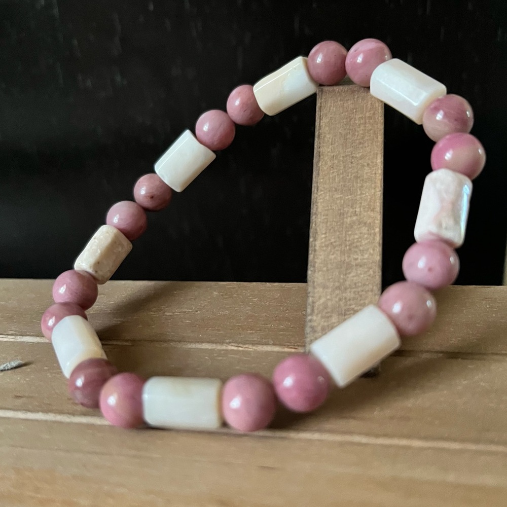 Pink Opal With Rhodonite Natural Stone Crystal Beaded Stretch Bracelet
